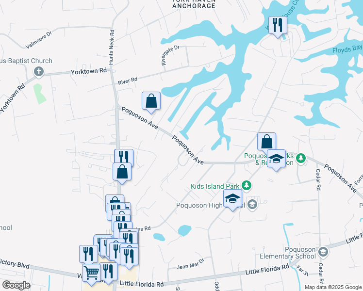 map of restaurants, bars, coffee shops, grocery stores, and more near 698 Poquoson Avenue in Poquoson