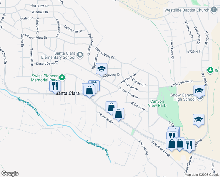 map of restaurants, bars, coffee shops, grocery stores, and more near 2746 West Circle Drive in Santa Clara