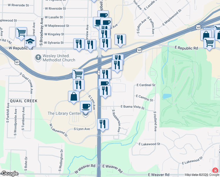 map of restaurants, bars, coffee shops, grocery stores, and more near 4406 South Campbell Avenue in Springfield