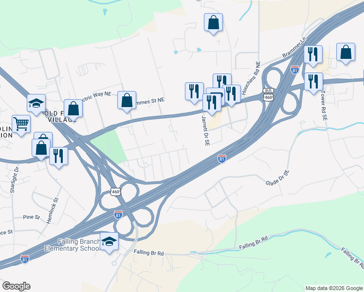 map of restaurants, bars, coffee shops, grocery stores, and more near 2250 Fairview St in Christiansburg