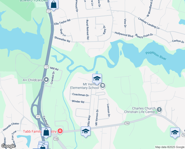 map of restaurants, bars, coffee shops, grocery stores, and more near 207 Villa Way in Yorktown