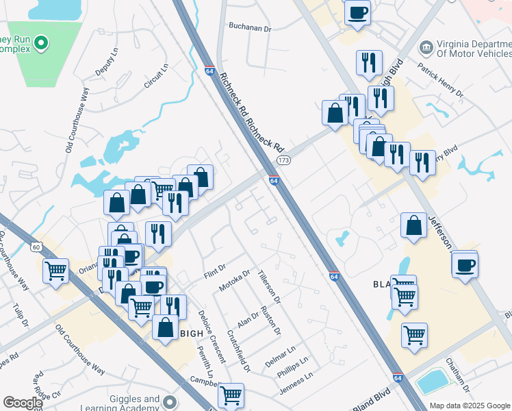 map of restaurants, bars, coffee shops, grocery stores, and more near 500 Catina Way in Newport News