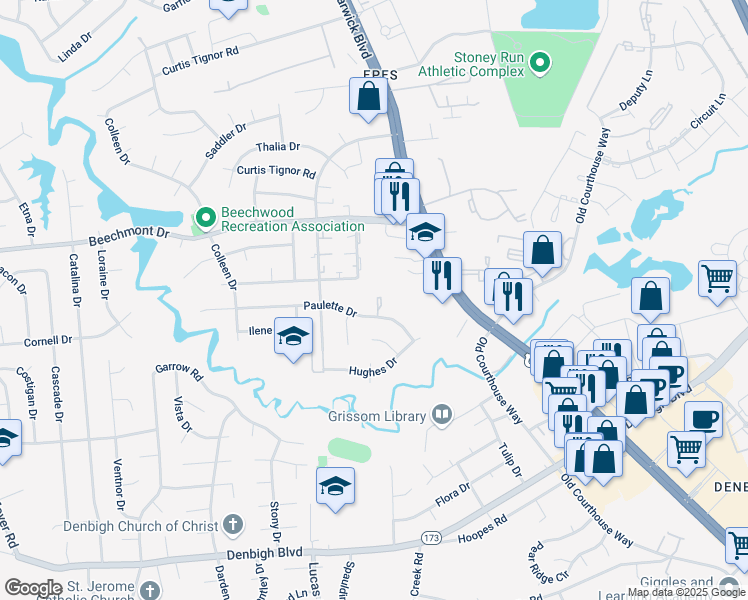 map of restaurants, bars, coffee shops, grocery stores, and more near 364 De Laura Drive in Newport News