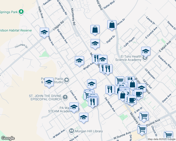 map of restaurants, bars, coffee shops, grocery stores, and more near 17870 Del Monte Avenue in Morgan Hill