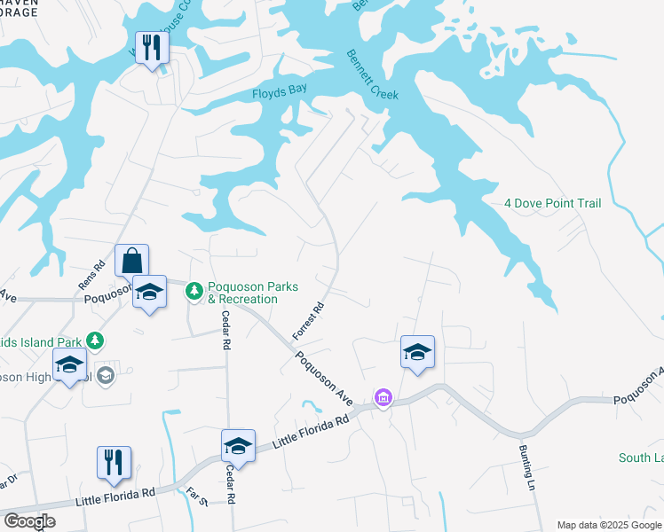 map of restaurants, bars, coffee shops, grocery stores, and more near 49 Forrest Road in Poquoson