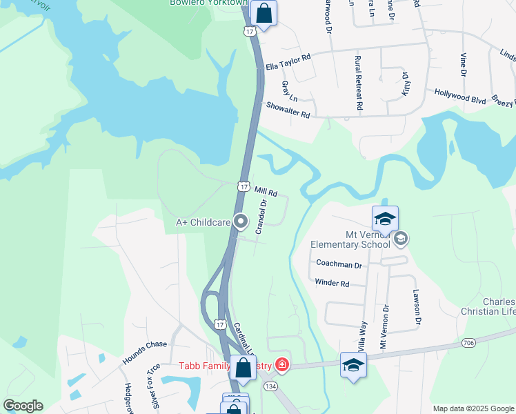 map of restaurants, bars, coffee shops, grocery stores, and more near 104 Crandol Drive in Yorktown