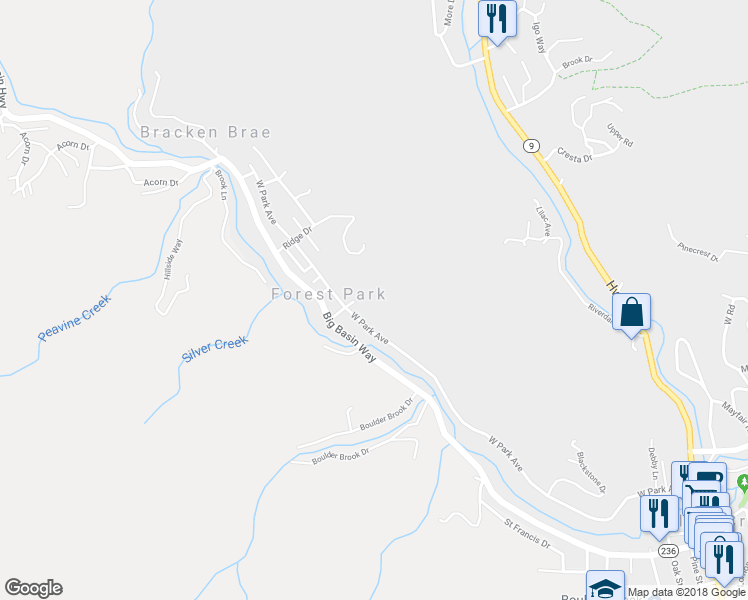 map of restaurants, bars, coffee shops, grocery stores, and more near 188 Park Street in Boulder Creek