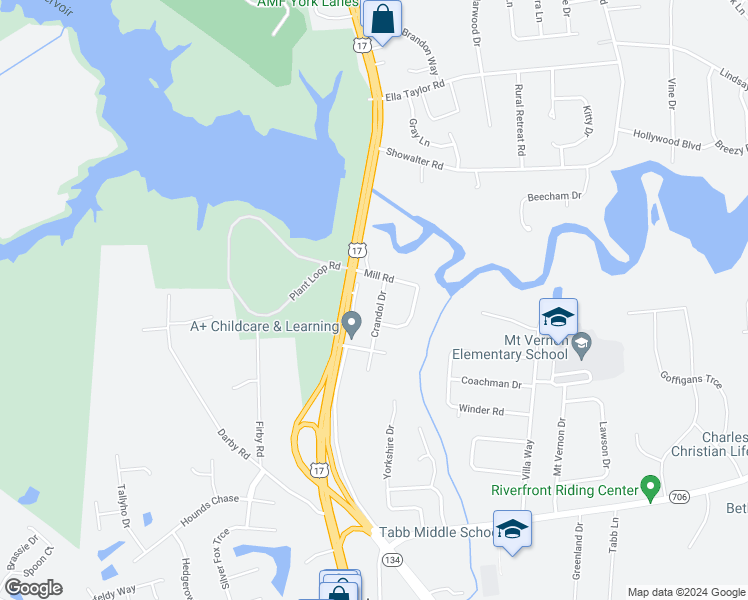 map of restaurants, bars, coffee shops, grocery stores, and more near 104 Crandol Drive in Yorktown