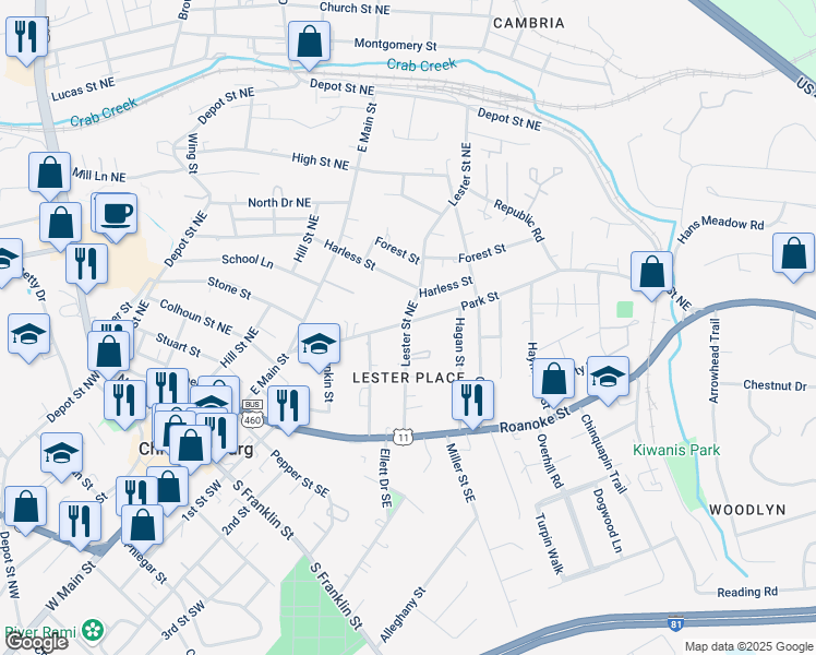 map of restaurants, bars, coffee shops, grocery stores, and more near 303 Park Street in Christiansburg