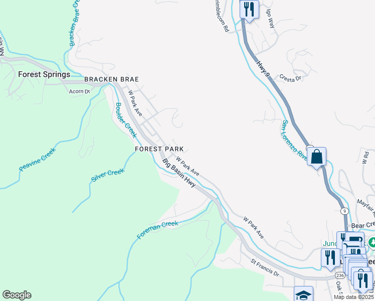 map of restaurants, bars, coffee shops, grocery stores, and more near 188 Park Street in Boulder Creek