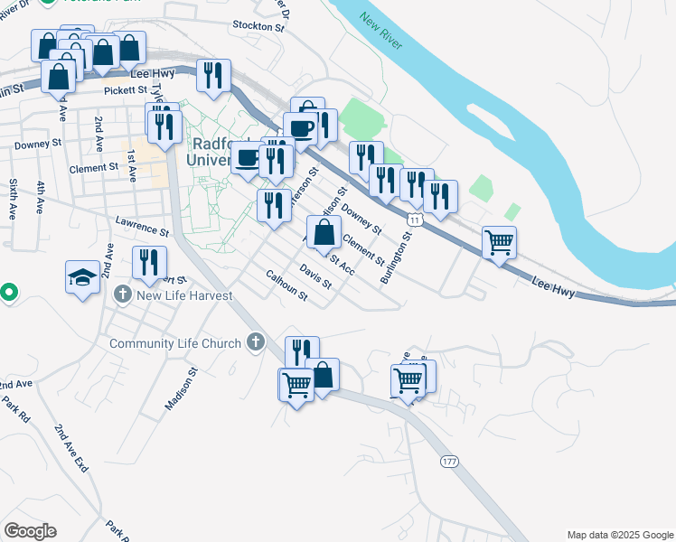 map of restaurants, bars, coffee shops, grocery stores, and more near 507 Fairfax Street in Radford