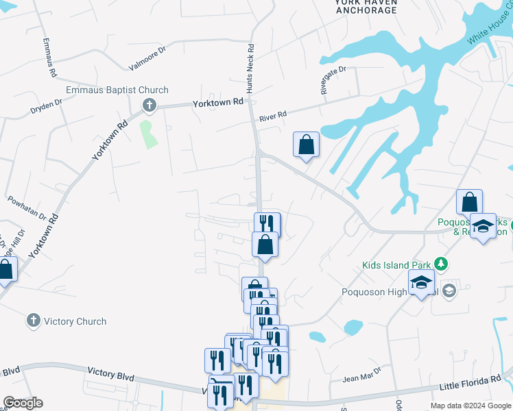 map of restaurants, bars, coffee shops, grocery stores, and more near 18 West Wainwright Drive in Poquoson
