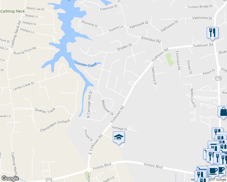 map of restaurants, bars, coffee shops, grocery stores, and more near 203 Powhatan Drive in Poquoson
