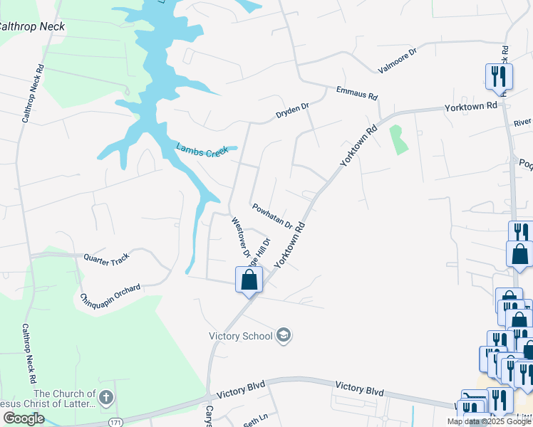 map of restaurants, bars, coffee shops, grocery stores, and more near 202 Powhatan Drive in Poquoson
