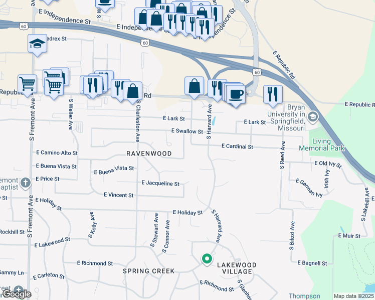 map of restaurants, bars, coffee shops, grocery stores, and more near 4329 South Pratt Avenue in Springfield