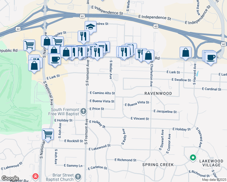 map of restaurants, bars, coffee shops, grocery stores, and more near 1539 East Camino Alto Street in Springfield