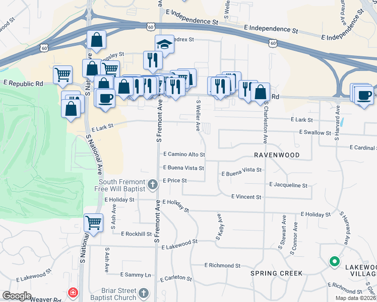 map of restaurants, bars, coffee shops, grocery stores, and more near 1505 East Camino Alto Street in Springfield