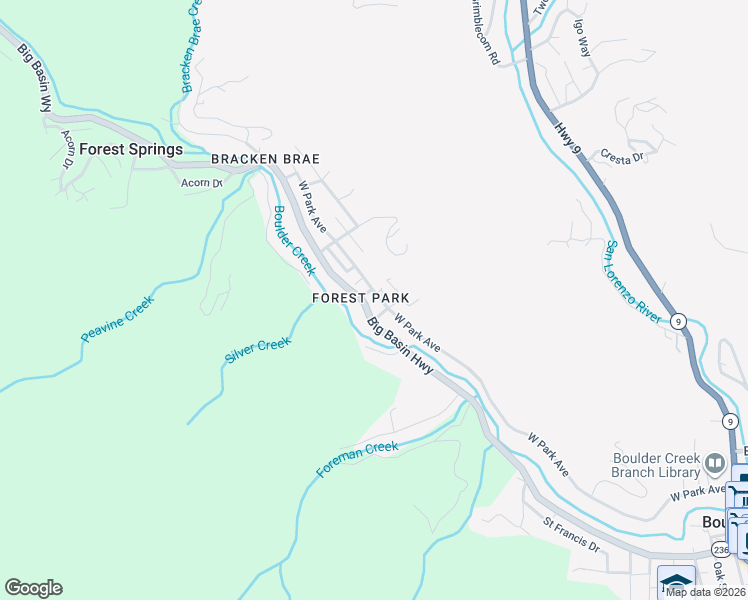 map of restaurants, bars, coffee shops, grocery stores, and more near 14505 West Park Avenue in Boulder Creek