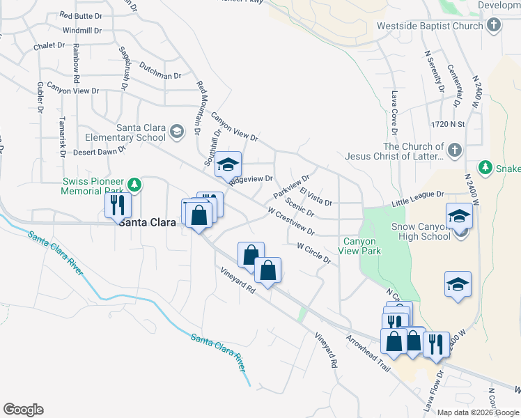 map of restaurants, bars, coffee shops, grocery stores, and more near 2719 Crestview Drive in Santa Clara