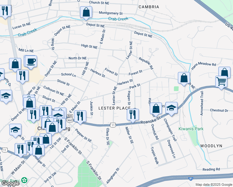 map of restaurants, bars, coffee shops, grocery stores, and more near 303 Park Street in Christiansburg