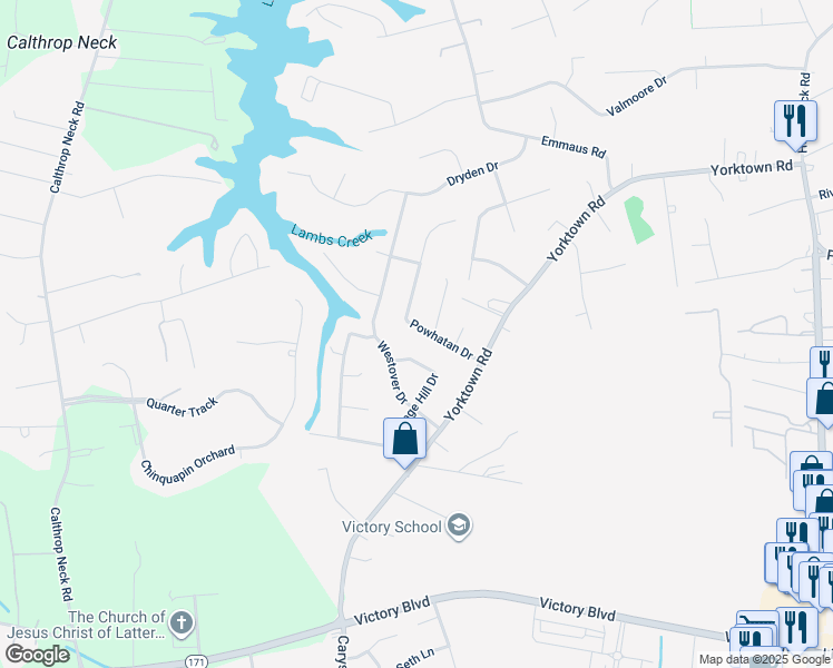 map of restaurants, bars, coffee shops, grocery stores, and more near 203 Powhatan Drive in Poquoson