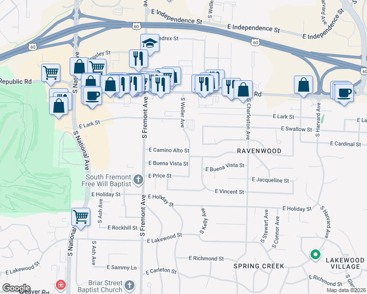 map of restaurants, bars, coffee shops, grocery stores, and more near 1539 East Camino Alto Street in Springfield