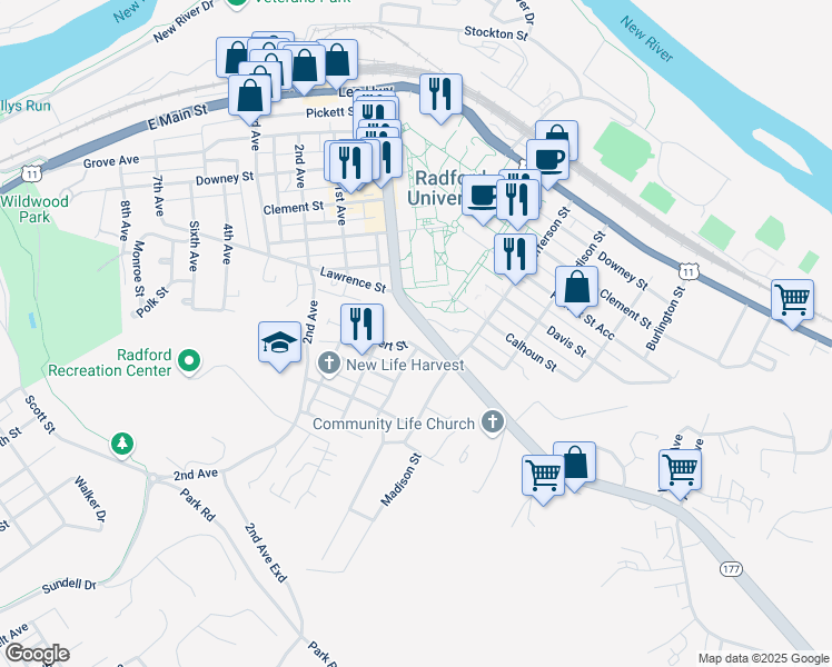 map of restaurants, bars, coffee shops, grocery stores, and more near 801 Oak Lane in Radford
