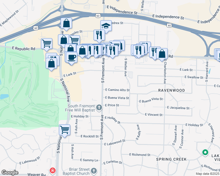 map of restaurants, bars, coffee shops, grocery stores, and more near 1435 East Camino Alto Street in Springfield