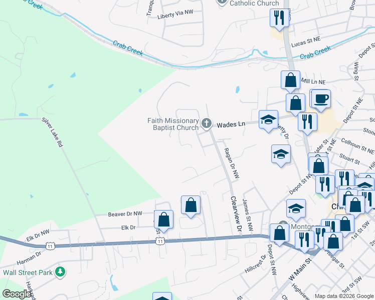 map of restaurants, bars, coffee shops, grocery stores, and more near 650 Wades Lane in Christiansburg