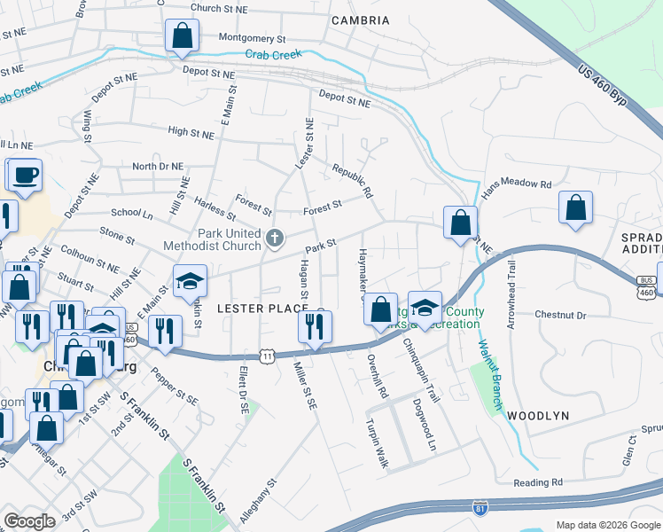 map of restaurants, bars, coffee shops, grocery stores, and more near 260 Economy Street in Christiansburg
