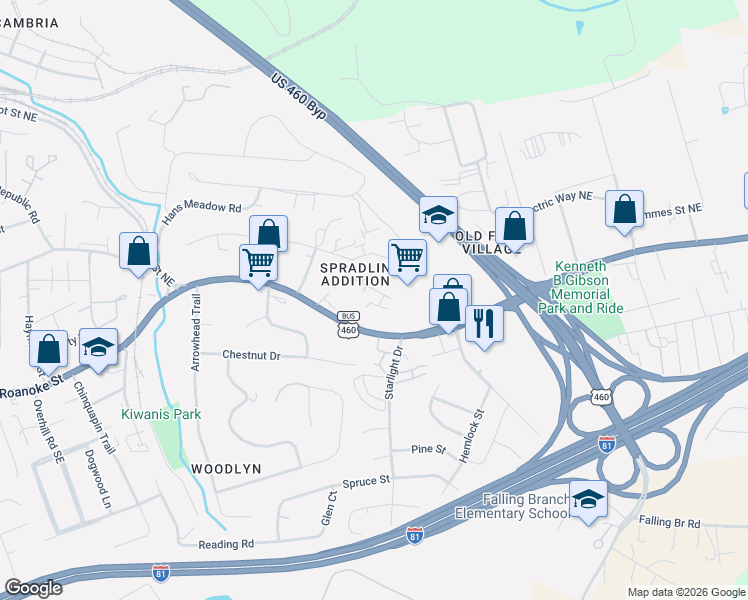 map of restaurants, bars, coffee shops, grocery stores, and more near 1448 Scott Street in Christiansburg