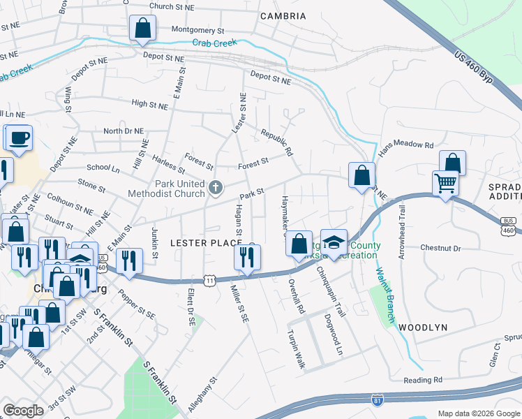 map of restaurants, bars, coffee shops, grocery stores, and more near 260 Economy Street in Christiansburg