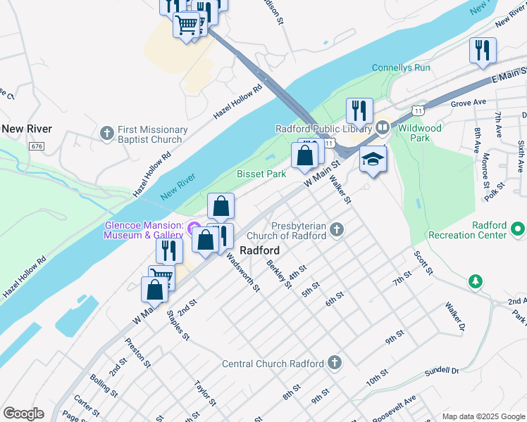map of restaurants, bars, coffee shops, grocery stores, and more near 311 West Main Street in Radford