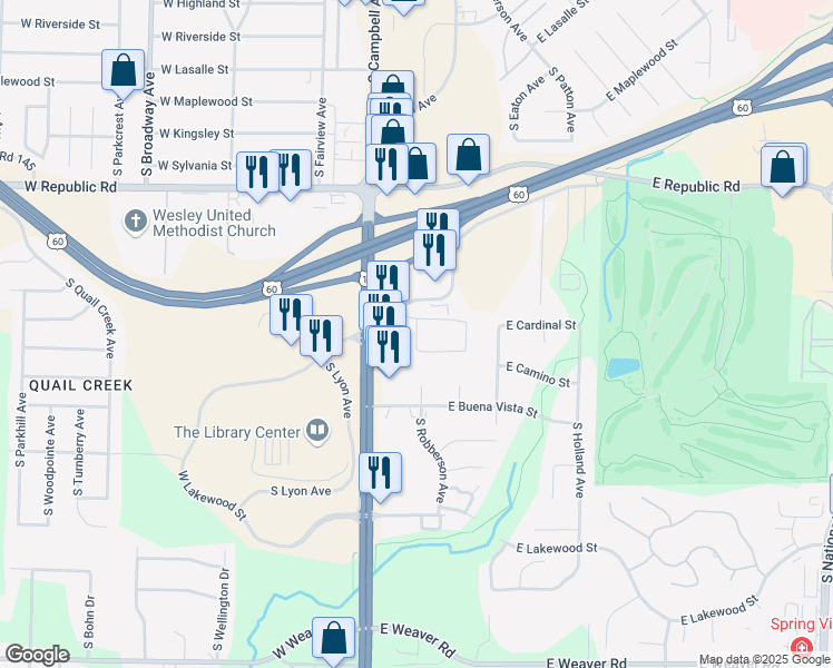 map of restaurants, bars, coffee shops, grocery stores, and more near 210 West Cardinal Drive in Springfield