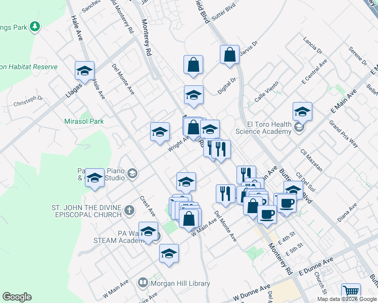 map of restaurants, bars, coffee shops, grocery stores, and more near 17825 Garden Way in Morgan Hill