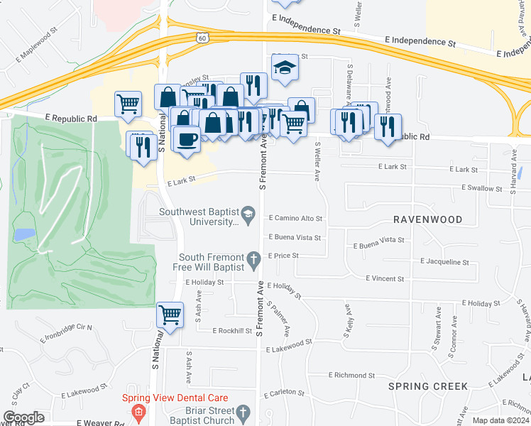 map of restaurants, bars, coffee shops, grocery stores, and more near 1405 East Camino Alto Street in Springfield