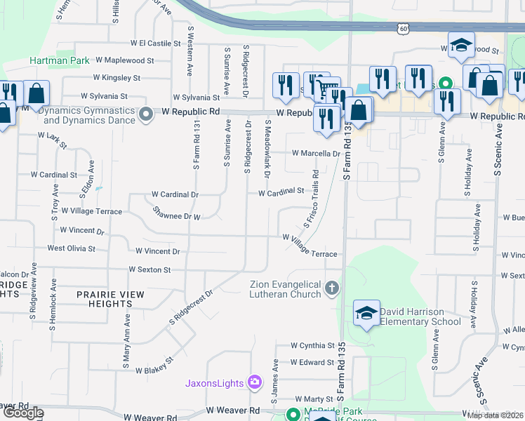 map of restaurants, bars, coffee shops, grocery stores, and more near 3295 West Camino Alto Street in Springfield