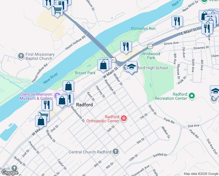 map of restaurants, bars, coffee shops, grocery stores, and more near 201-249 Randolph Street in Radford
