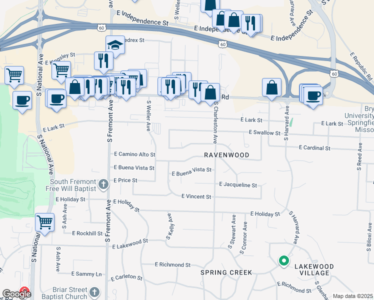 map of restaurants, bars, coffee shops, grocery stores, and more near 1660 East Cardinal Street in Springfield