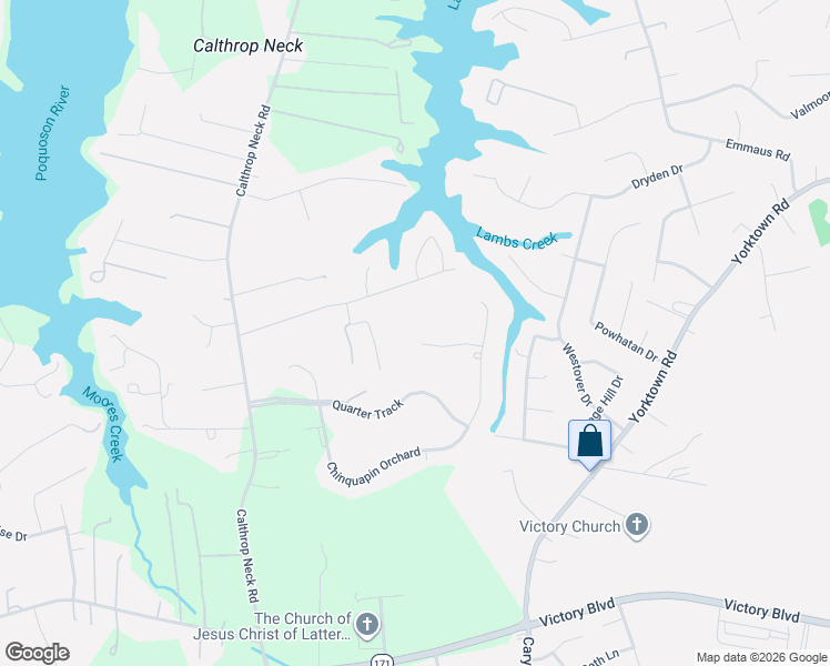 map of restaurants, bars, coffee shops, grocery stores, and more near 108 Flag Creek Road in Yorktown