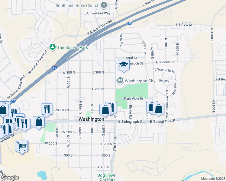 map of restaurants, bars, coffee shops, grocery stores, and more near 288 East 200 North in Washington