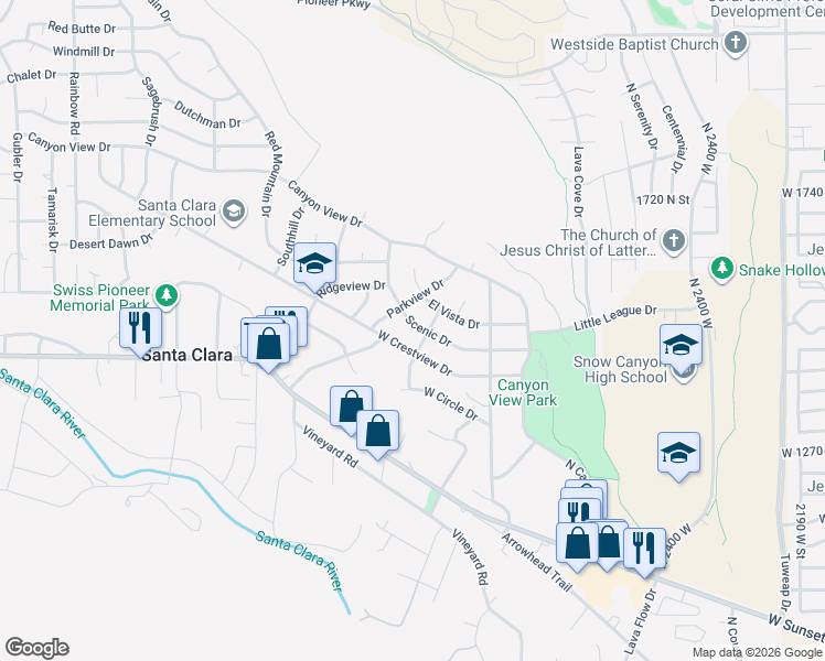 map of restaurants, bars, coffee shops, grocery stores, and more near 2605 Scenic Drive in Santa Clara