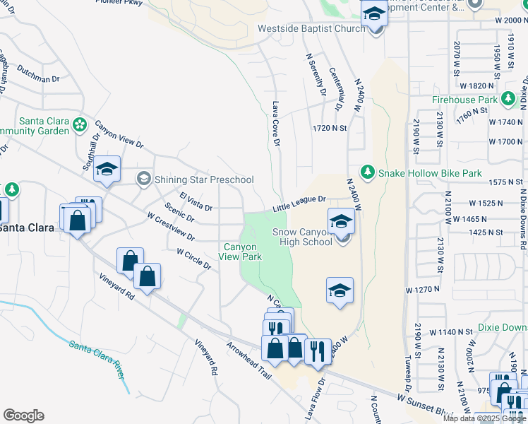 map of restaurants, bars, coffee shops, grocery stores, and more near Little League Dr in Santa Clara