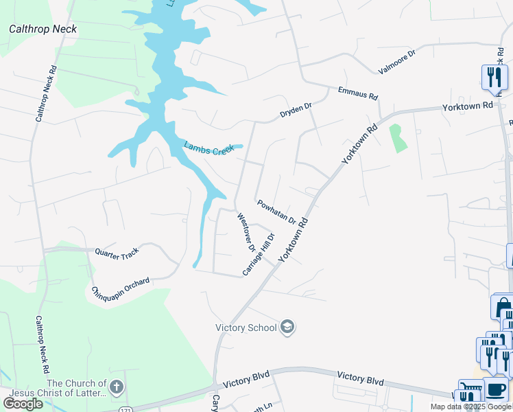map of restaurants, bars, coffee shops, grocery stores, and more near 205 Powhatan Drive in Poquoson