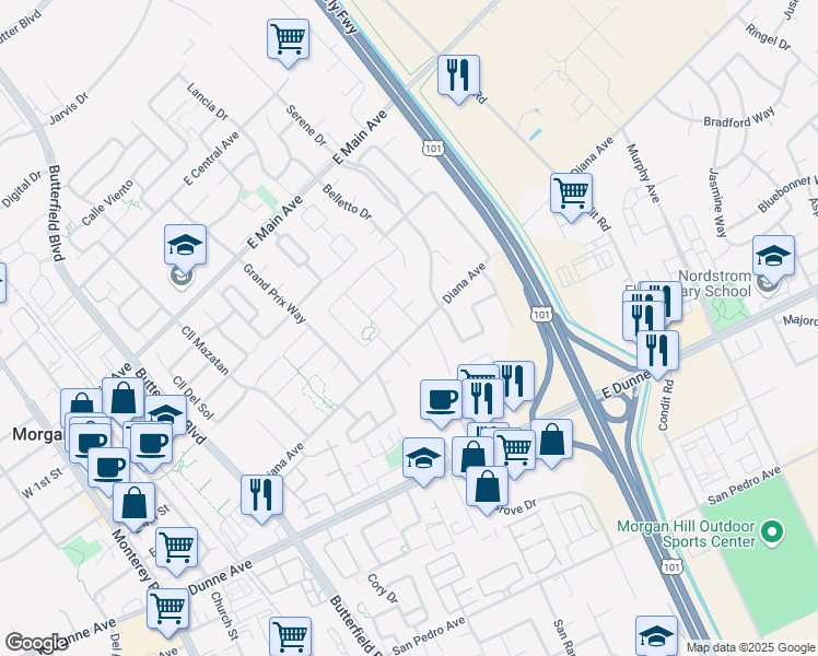 map of restaurants, bars, coffee shops, grocery stores, and more near 775 Diana Avenue in Morgan Hill