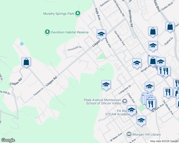 map of restaurants, bars, coffee shops, grocery stores, and more near 18212 Sparhawk Way in Morgan Hill