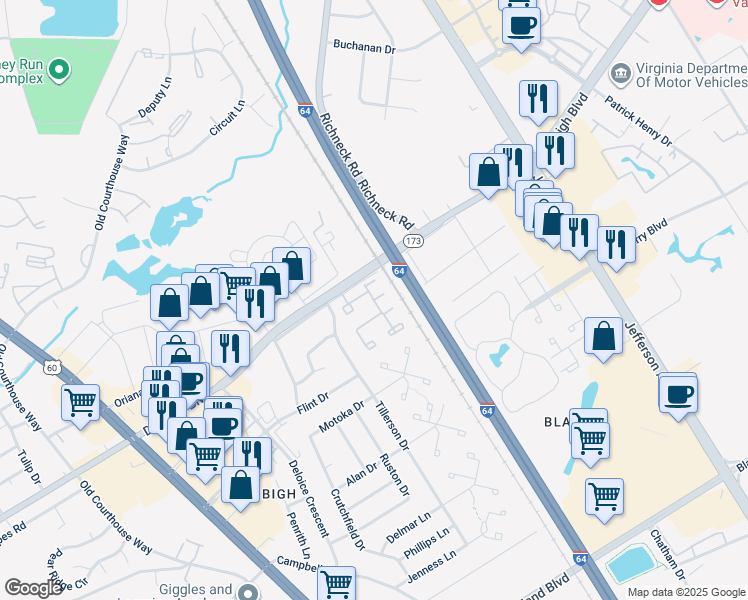 map of restaurants, bars, coffee shops, grocery stores, and more near 463 Catina Way in Newport News