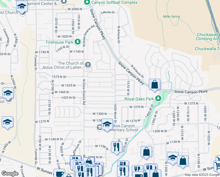 map of restaurants, bars, coffee shops, grocery stores, and more near 1526 North Dixie Downs Road in St. George