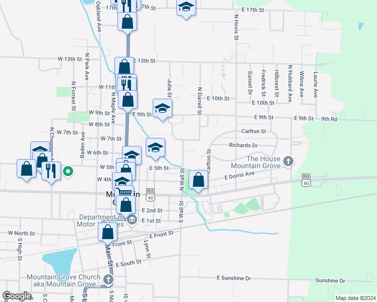 map of restaurants, bars, coffee shops, grocery stores, and more near Madeleine Court in Mountain Grove