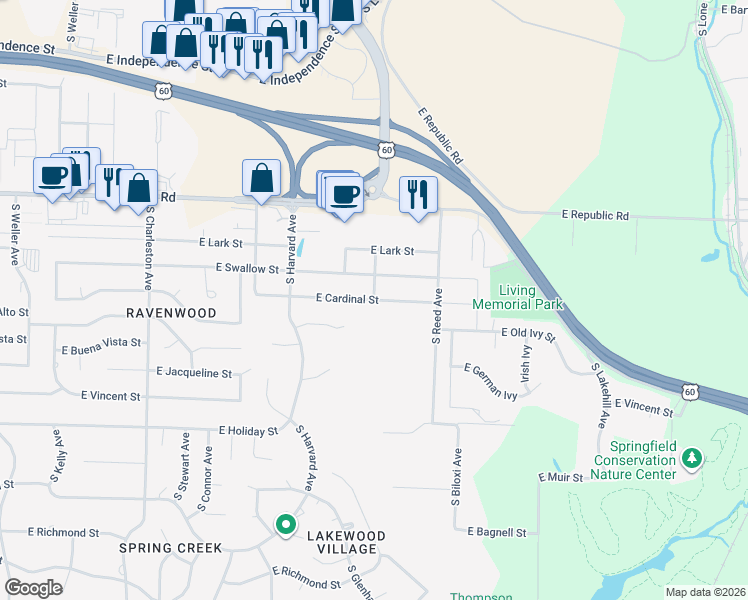 map of restaurants, bars, coffee shops, grocery stores, and more near 4399 S Luster Ave in Springfield